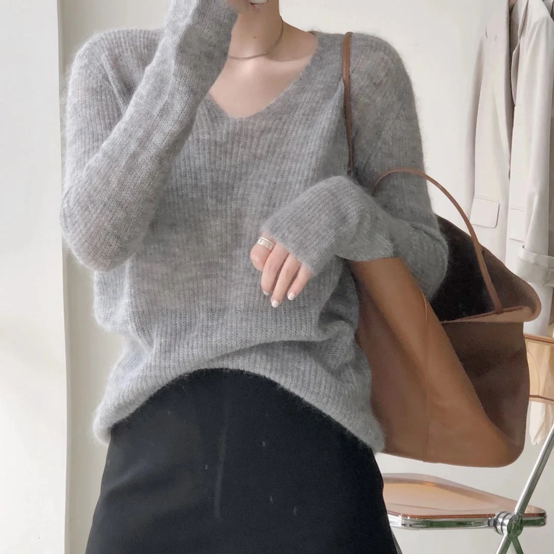 

Soft Glutinous Gray Mohair Sweater Women's Pullover Early Autumn New Loose and Idle Top Inner Knitted Bottoming Shirt Thin