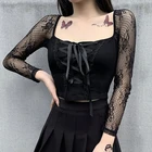 Сексуальный сетчатый прозрачный винтажный элегантный черный женский топ на шнуровке с длинным рукавом Осенний ажурный облегающий Базовый Топ