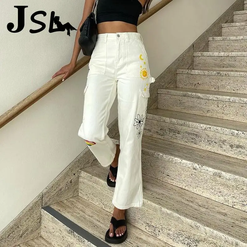 

Retro Cartoon Print Straight White Jeans Women Streetwear Harajuku High Wasit Denim Trousers Pocket Cute Chic Cargo Sweatpants