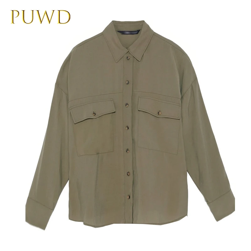 PUWD 2009 Новая Осенняя женская одежда Свободная рубашка с карманами женская одежда blusas mujer de moda - Цвет: Зеленый