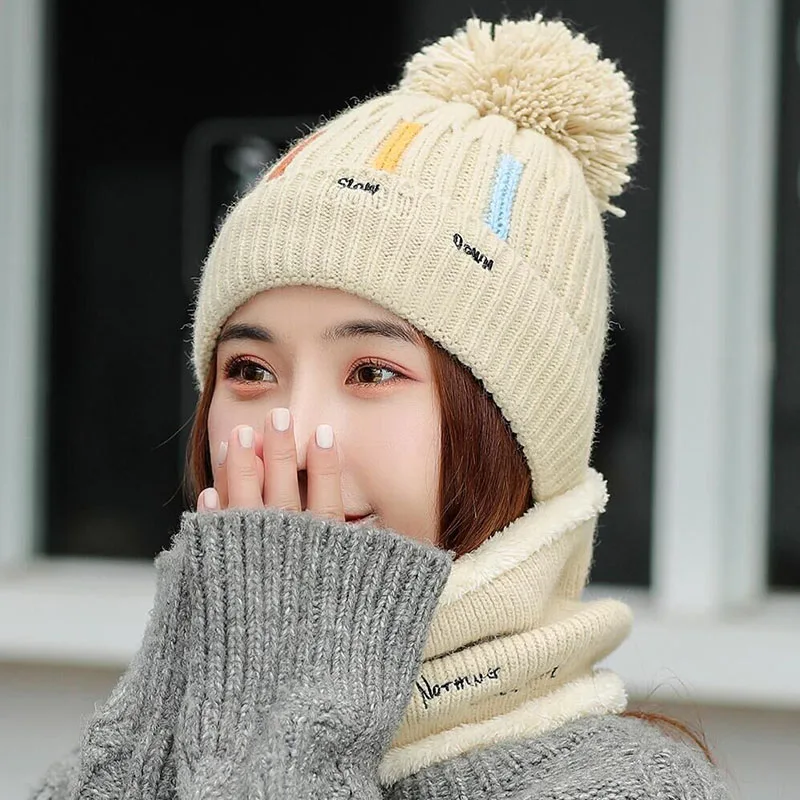 Knitted Hat With Scarf Collars SUOGRY Sets For Women Winter Ladies Hat& Scarf With Pompom Thick Two Piece Keep Snow Warm Set