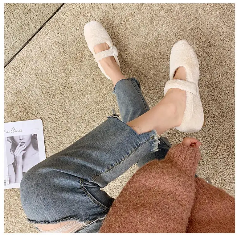EOEODOIT Autumn Ballet Flats Shoes Casual Fur Shoes Square Toe Retro Fashion Women Lady Elegance Flat Heel Shoes