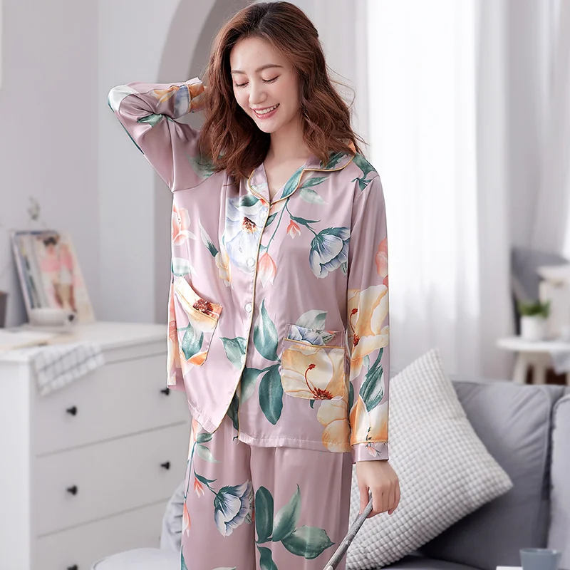 

Spring Pajamas For Women Sleepwear Suit Ladies Silk Pyjama Long Sleeve Turn-down Collar Thin Loose Plus Size 3XL Female Homewear