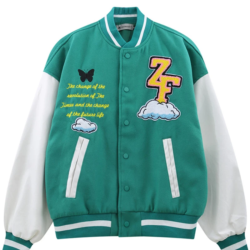 

Мужская куртка из искусственной кожи с вышивкой на рукавах, свободная бейсбольная форма контрастной расцветки с мультяшной вышивкой для па...