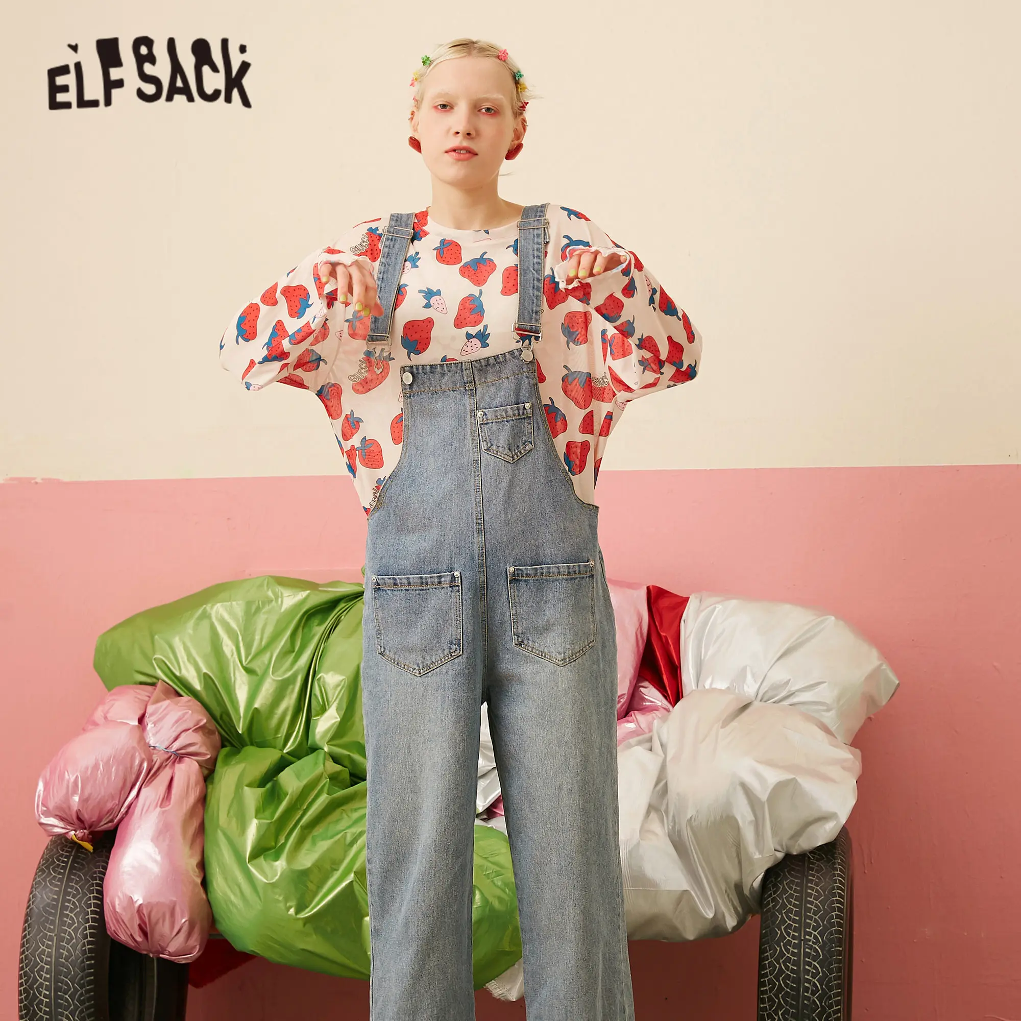 Женский Повседневный Комбинезон прямые джинсы с карманами в Корейском стиле