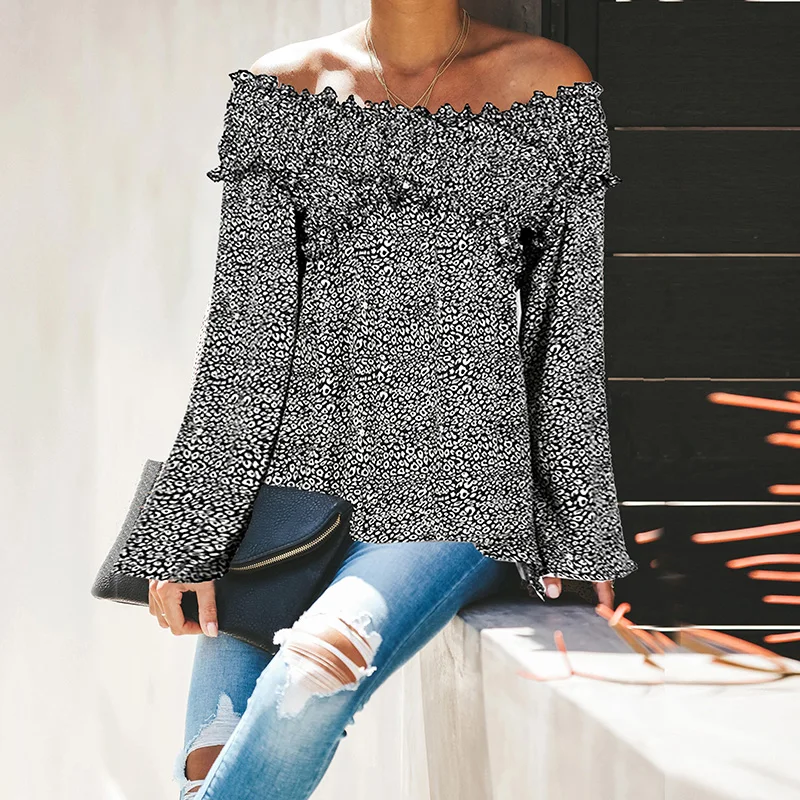 Valadenims Sexy off-the-shoulder T-shirt women's long sleeve one word collar ruffled edge slim top stretch street fashio |