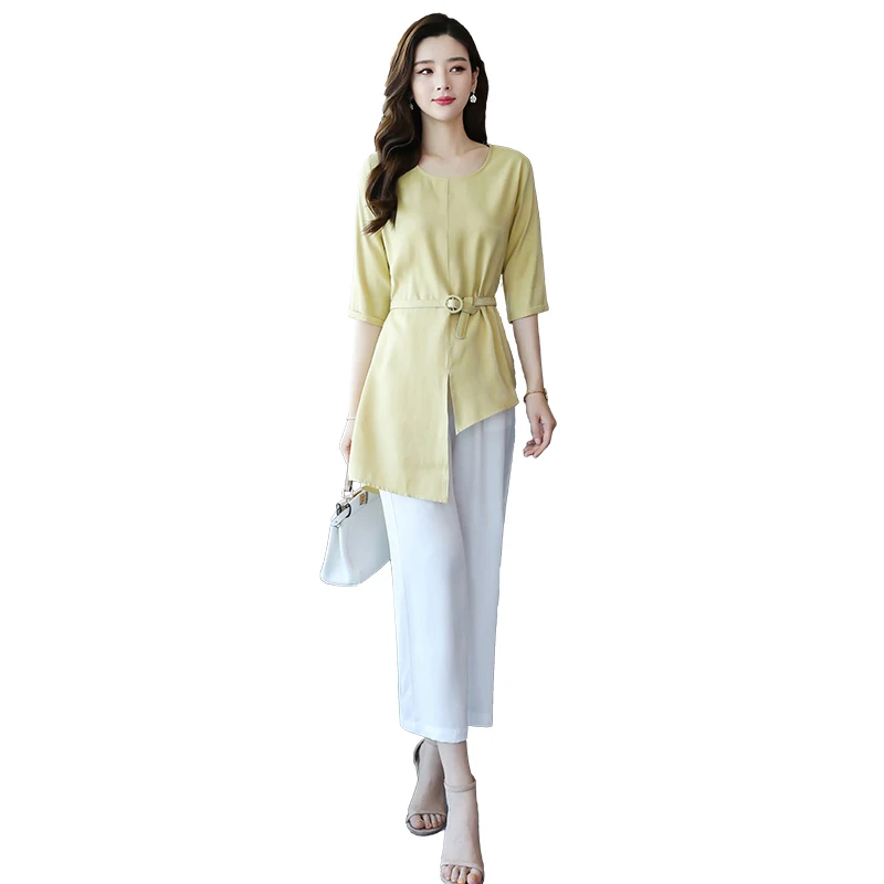 

Summer Casual Suit New Women Elegant Loose Asymmetric Half Sleeve top High Waist Chic Office Ladies Wide leg pantsTwo-Piece Set
