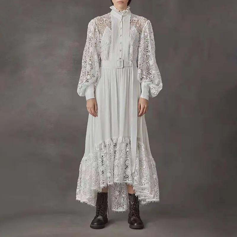 Женское кружевное платье макси летнее ажурное с вышивкой рукавами-фонариками