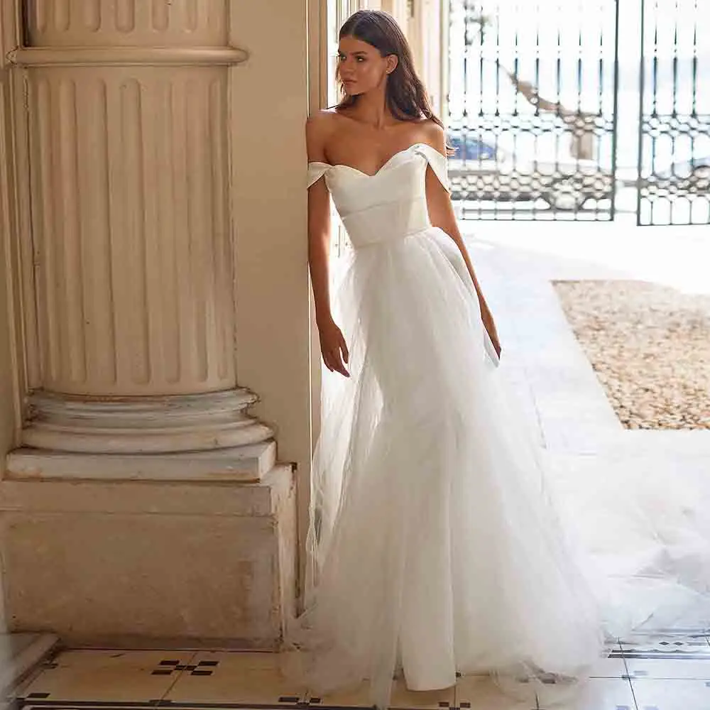 

Белое свадебное платье без рукавов с открытыми плечами и тюлем, свадебные платья до пола со шлейфом и шлейфом для невесты