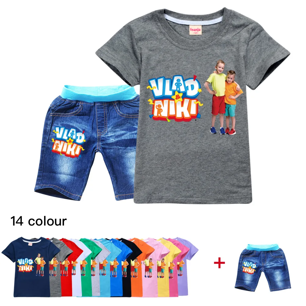 

Children Short-sleeved T-shirts for Boys Tee Sportswear Boys Wear Shirt Tees Denim Shorts Suit School Girl Outfit Kids Tops Set