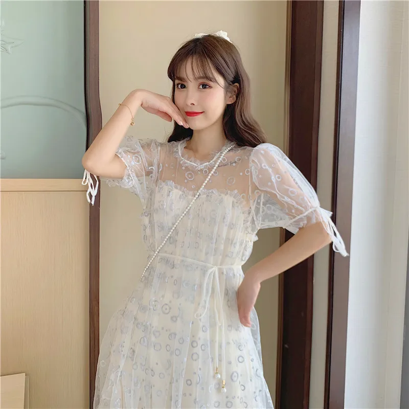 Женское свободное платье с юбкой откровенное сетчатое в корейском стиле круглым