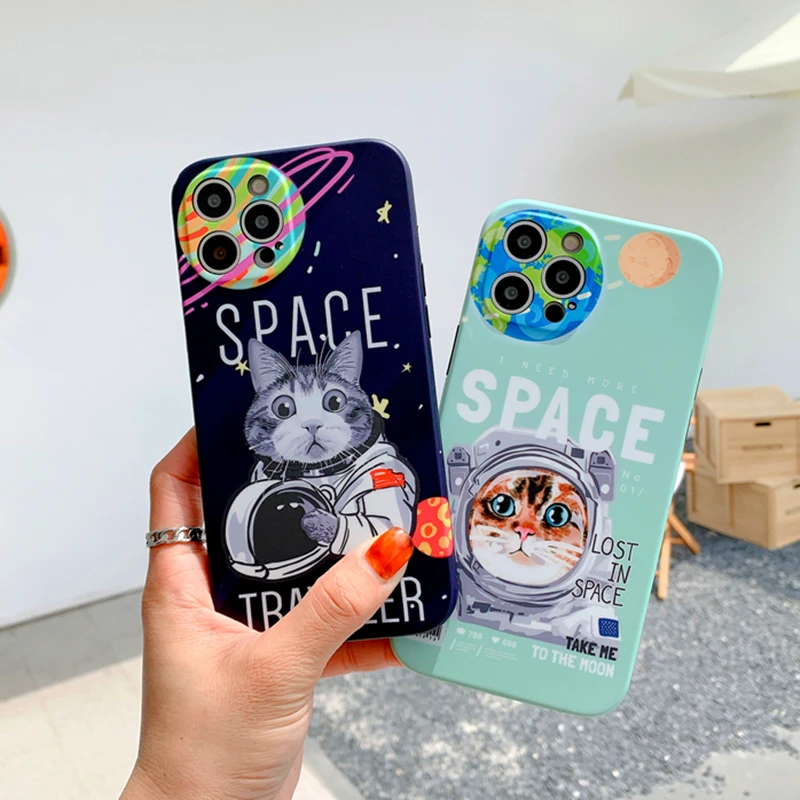 

Hot Astronaut Cat Phone Case For iPhone 11 Pro Max 12 Mini 7 8 Plus XR X XS SE 20 Cute Space Animal Soft Protection Back Cover