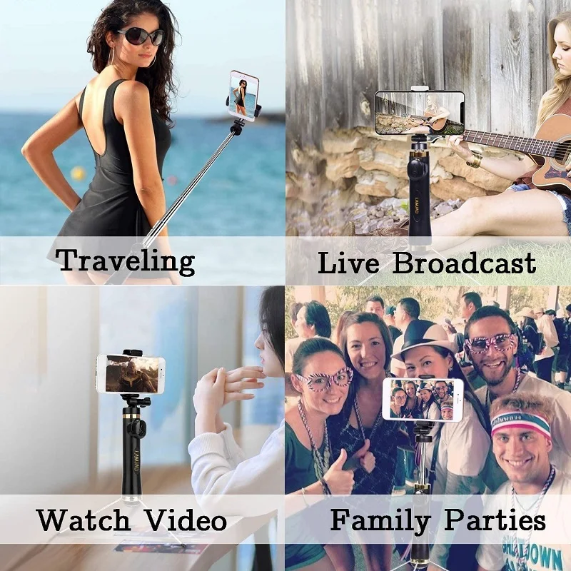 

LAMJAD3 In 1 Wireless Bluetooth Selfie Stick Foldable Mini Tripod Expandable Monopod with Remote Control for IPhone IOS Android