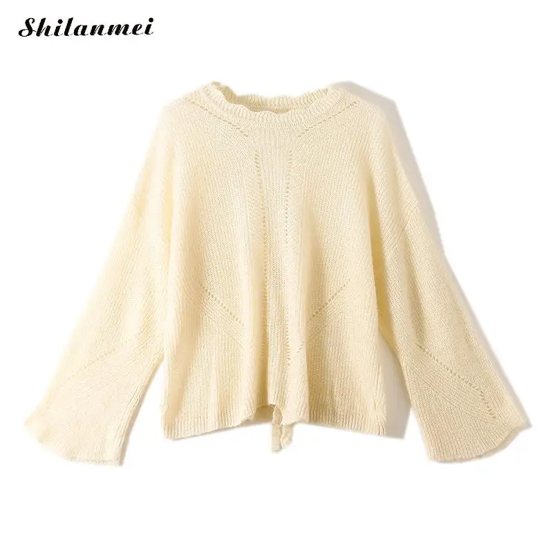 

Fashion Mohair Women Sweater Pullovers Long Flare Sleeve Loose Pullovers Knitwear Solid Yellow White Casual Knitted Pullovers