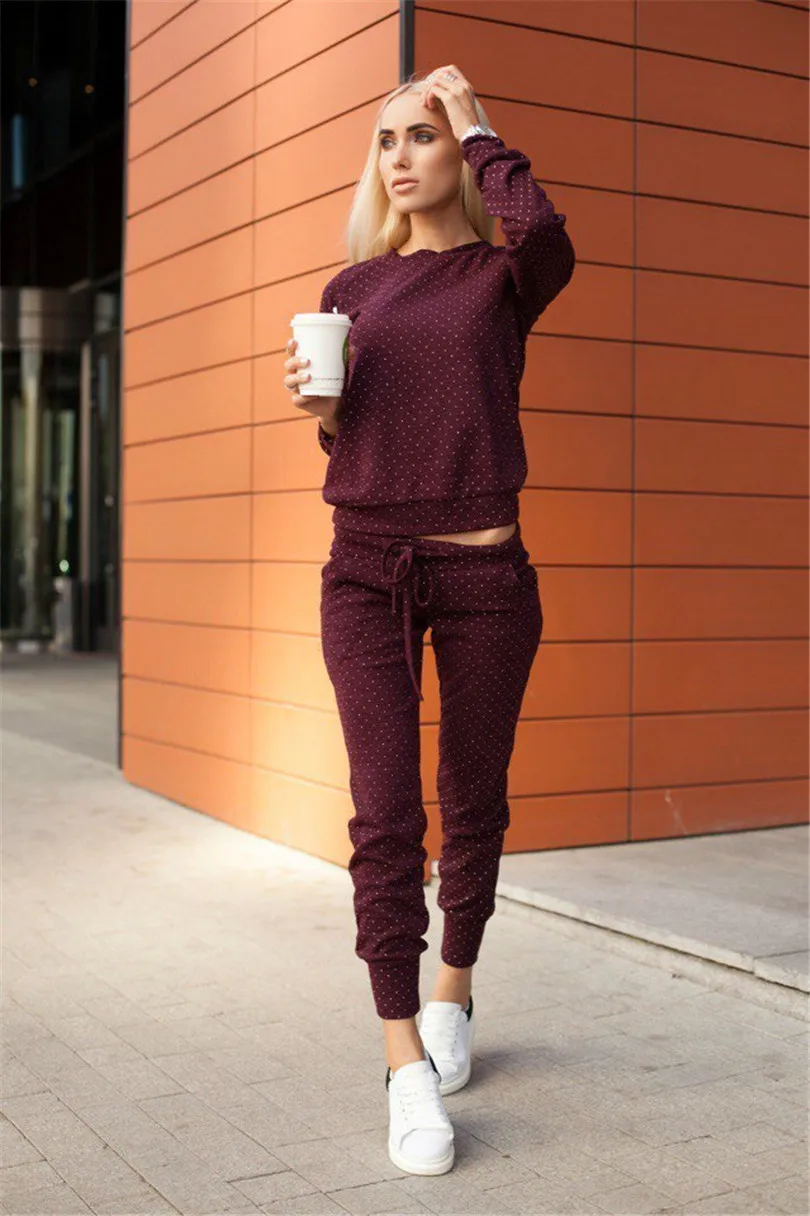 

2020 Tracksuits Rushed Hot Sale Cotton Polyester Spring Set Female Fashion Leisure Wave Point Sweatershirt + Trousers 2 Sets
