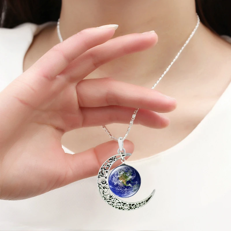2019 Nebula Galaxy Pendant Necklace Handmade Universe Planet Jewelry Charm Crescent Moon Chain for Women Men | Украшения и