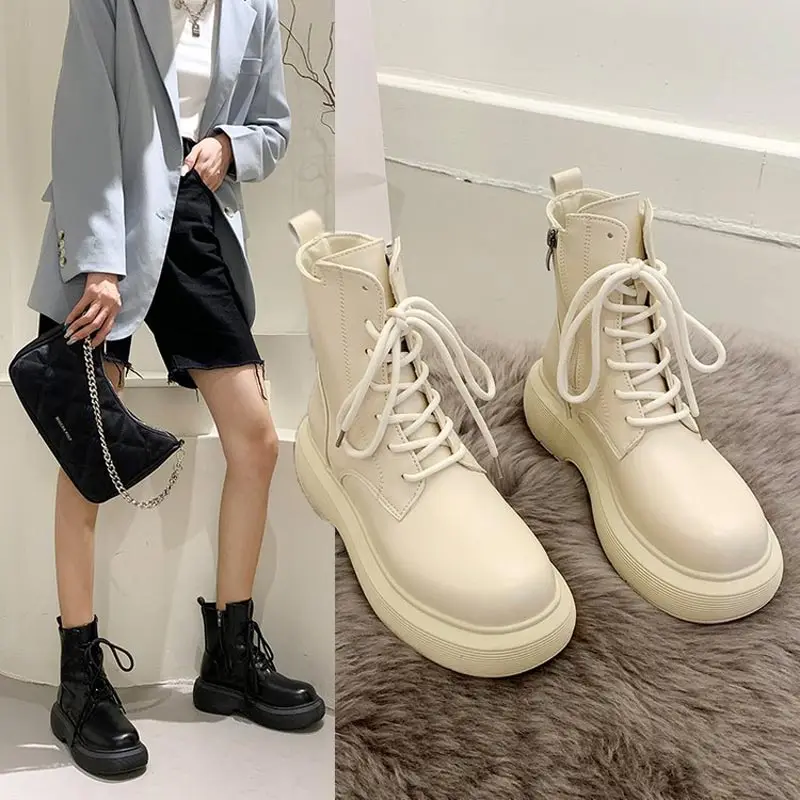 

Women boots 2022 autumn new mid-heel solid color short boots women round toe side zipper lace up casual shoes women sneakers