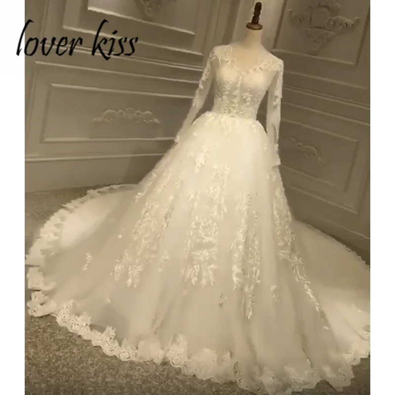 

Lover Kiss Vestido De Noiva настоящие фотографии прозрачное Тюлевое свадебное платье с длинным рукавом с бисером кружевные бальные свадебные платья се...