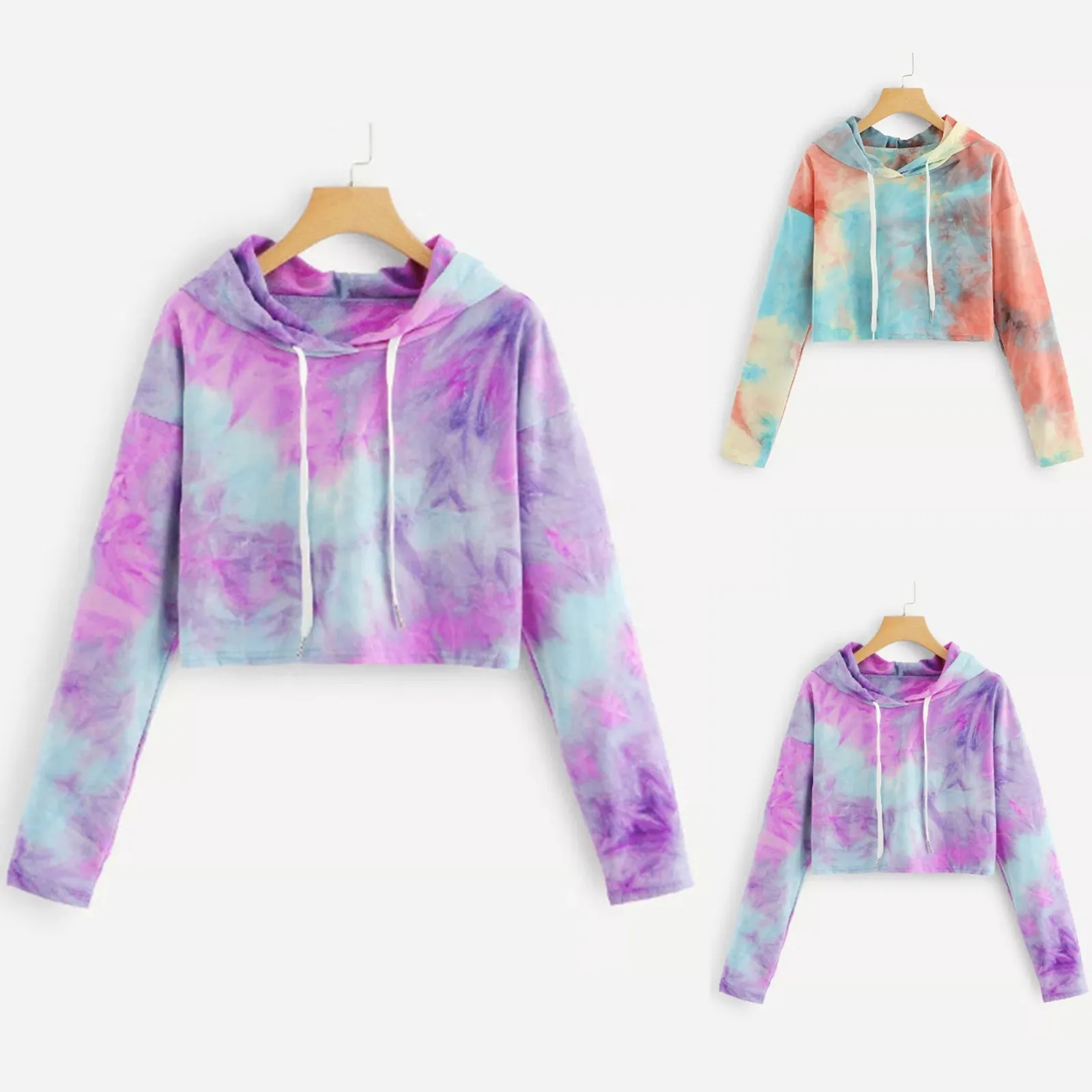 58# Women Crop Top Hoodie Korean Kawaii Hoodie Sweatshirt O-neck Colorful Long Sleeve Hoodie Drawstring Sweatershirt Sudadera