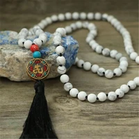 8mm howlite gemstone 108 beads tassel mala necklace grade new tibet silver tassel chain meditation fancy monk energy buddhism
