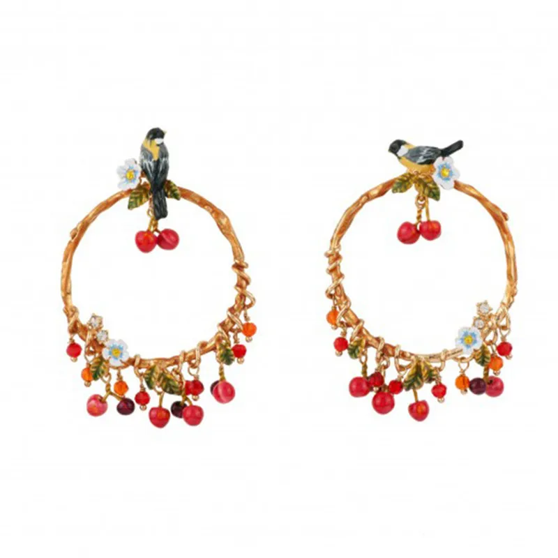 

925 Silver Needle New Fashion Enamel Glazed Oriole Bird Earrings Personalized Fruit Small Cherry Circle Pendant Earrings Female