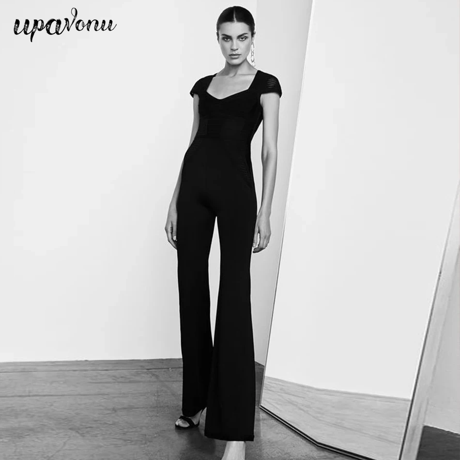 Free Shipping 2021 New Summer Women's Black Elegant Jumpsuit Sexy V-neck Short Sleeve Bodycon Club Runway Party Flare Jumpsuit