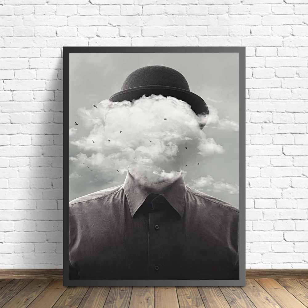 Черно белый плакат на холсте с изображением облаков и птиц для украшения