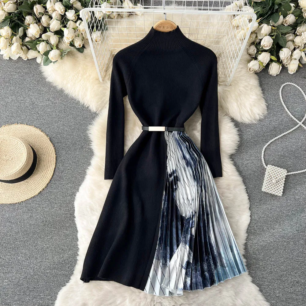 

C748 женское Новое модное осеннее вязаное платье с принтом тай-дай со шнуровкой тонкая повседневная одежда с длинным рукавом Vestidos