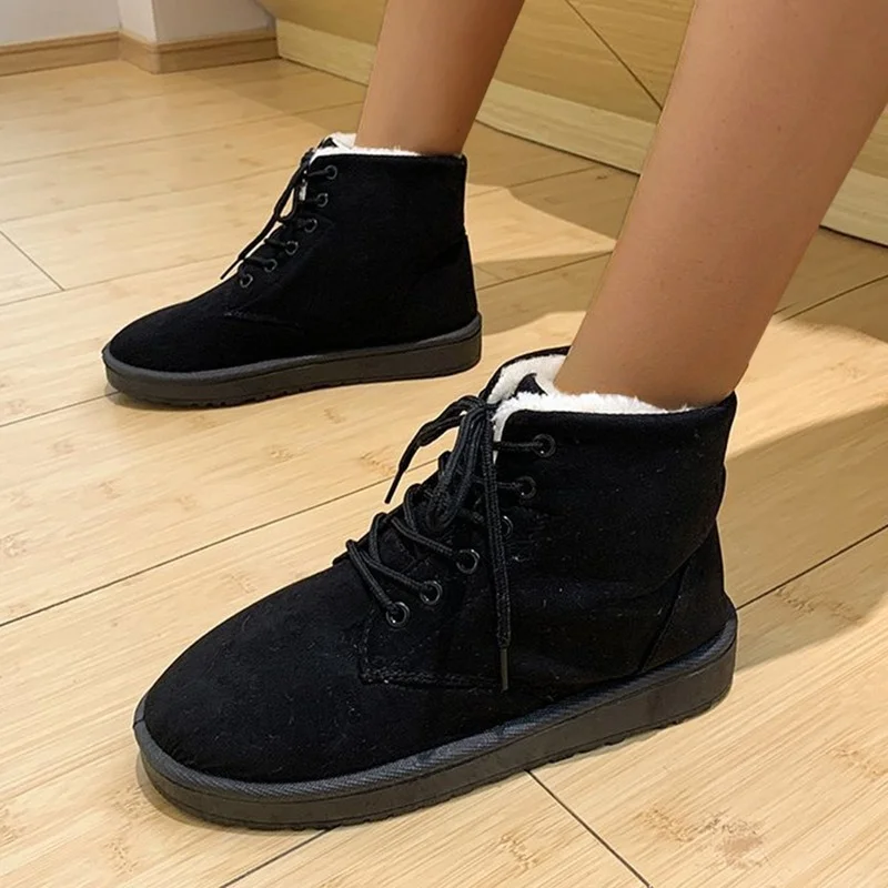 

Новинка 2021, зимние женские плюшевые ботинки, однотонные ботильоны на шнуровке, повседневная обувь с круглым носком, удобная и теплая обувь н...