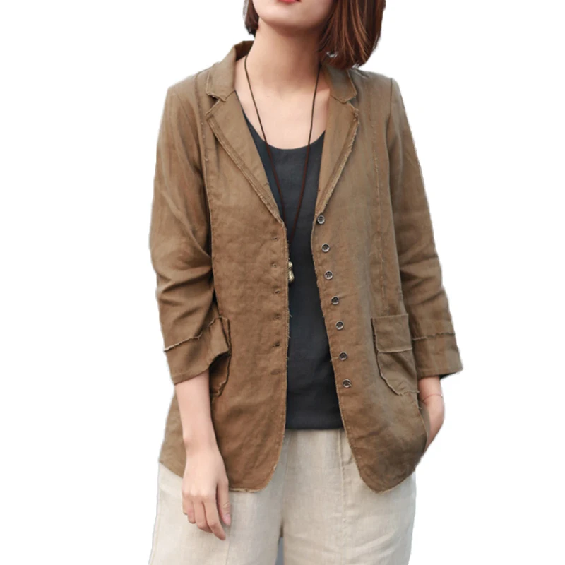 Женский винтажный пиджак оверсайз из хлопка и льна повседневный с лацканами