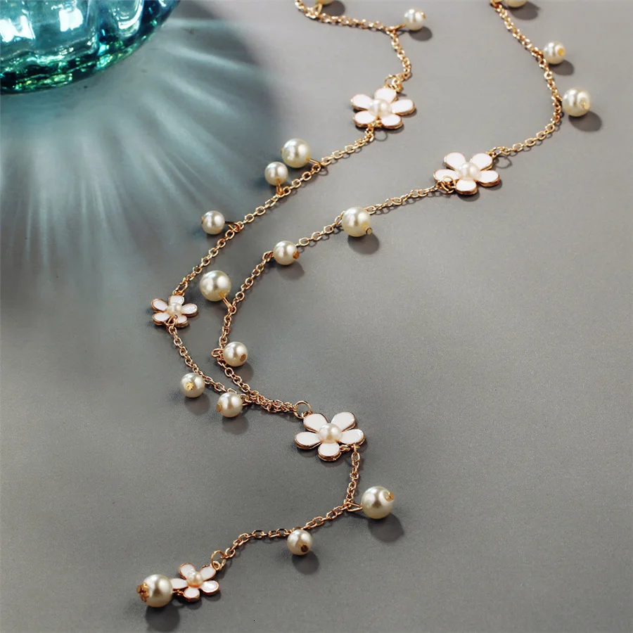 RAVIMOUR длинное ожерелье с цветком для женщин, модное ювелирное изделие из искусственного жемчуга, ожерелье с кисточками и подвесками, Bijoux Femme Perle