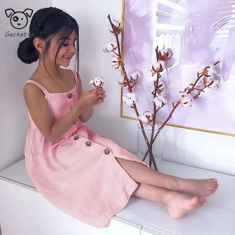 Geckatte New Baby Girl Clothes Kids Dresses For Girls Summer Dress Solid Buttom Toddler Princess | Детская одежда и обувь