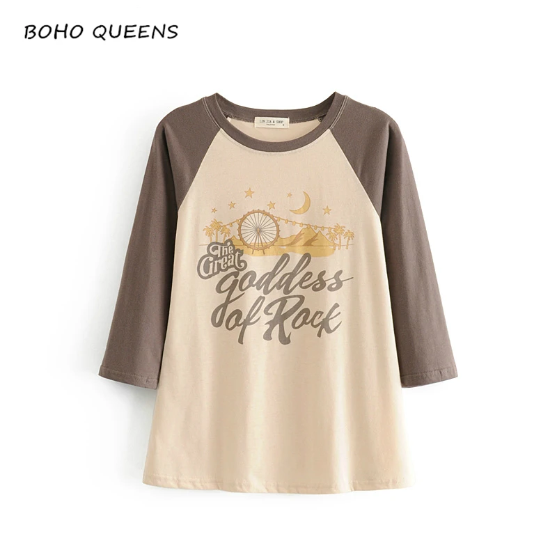 Boho chic хиппи, женские топы с принтом звезды и Луны, женская футболка, рукав три четверти, пэчворк, цветные хлопковые футболки для пары