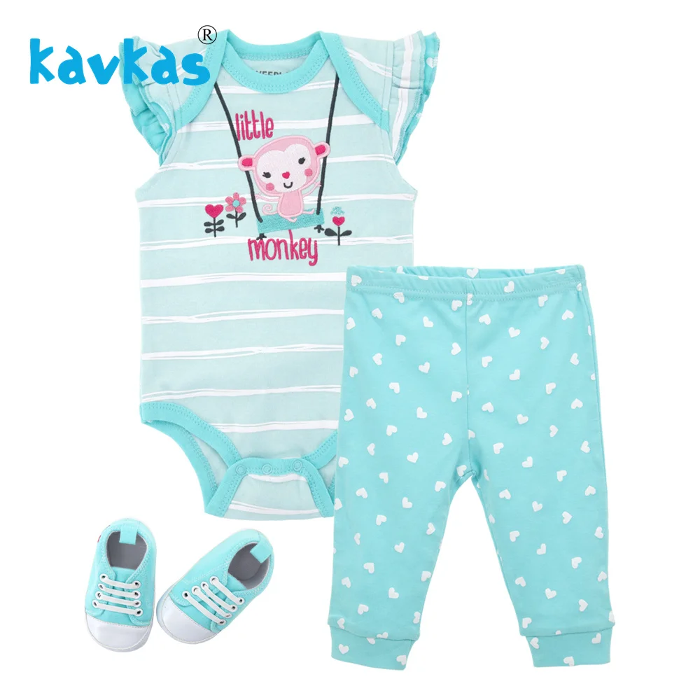

Kavkas Baby Girl Clothes Set Summer Newborn Cotton Baby Girl Jumpsuit (romper+Pants+shoes) Monkey Theme Infant Romper Set