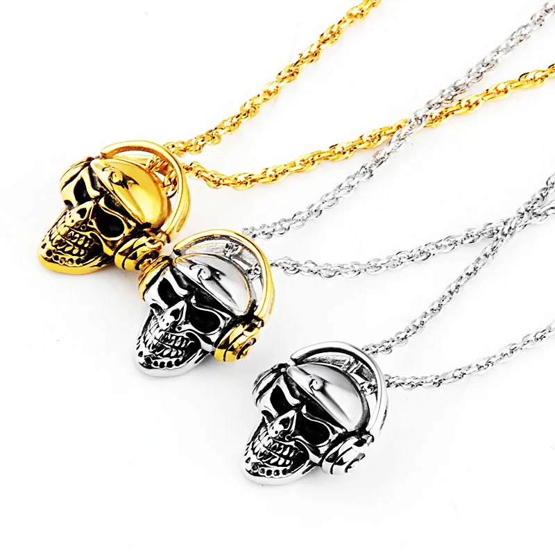 Valily Jewelry мужские Цепочки и ожерелья череп голова с bluetooth гарнитура кулон Цепочки и ожерелья Нержавеющая сталь модные золотые Earephones кулон
