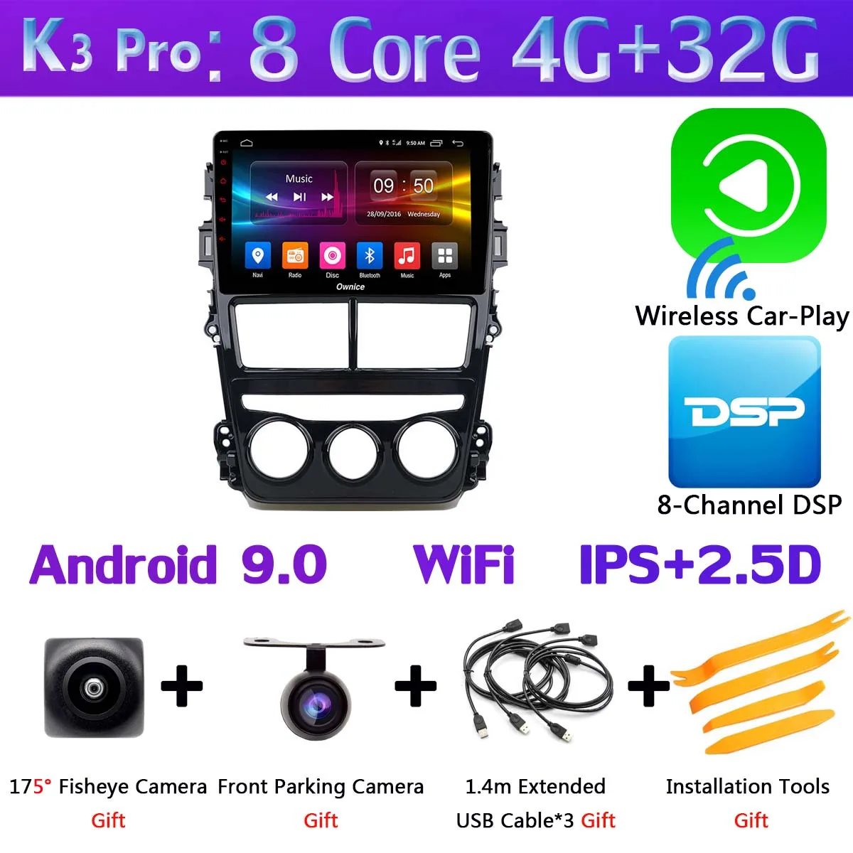 K3 Pro CarPlay Панорамная камера 360 ° Android 9,0 Восьмиядерный 4G+ 64G DSP CarPlay Автомобильный плеер для Toyota Yaris Vios MT на gps радио - Цвет: K3 Pro CarPlay