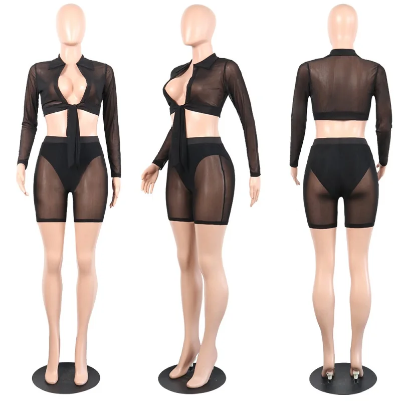 Лето 2019 модный сексуальный женский комплект однотонный прозрачный сетчатый