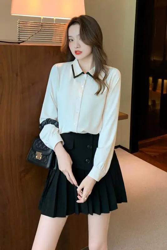 

COIGARSAM Full Sleeve Shirt Womens tops New Spring Chiffon Turn-down Collar Women shirts Apricot 1521