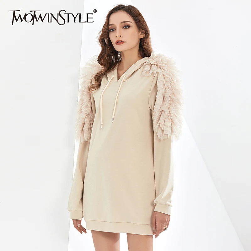 

TWOTWINSTYLE Patchwork Mesh Sweatshirt For Women Hooded Collar Long Sleeve Ruffle Designer Casual Sweatshirts Female 2020 Style