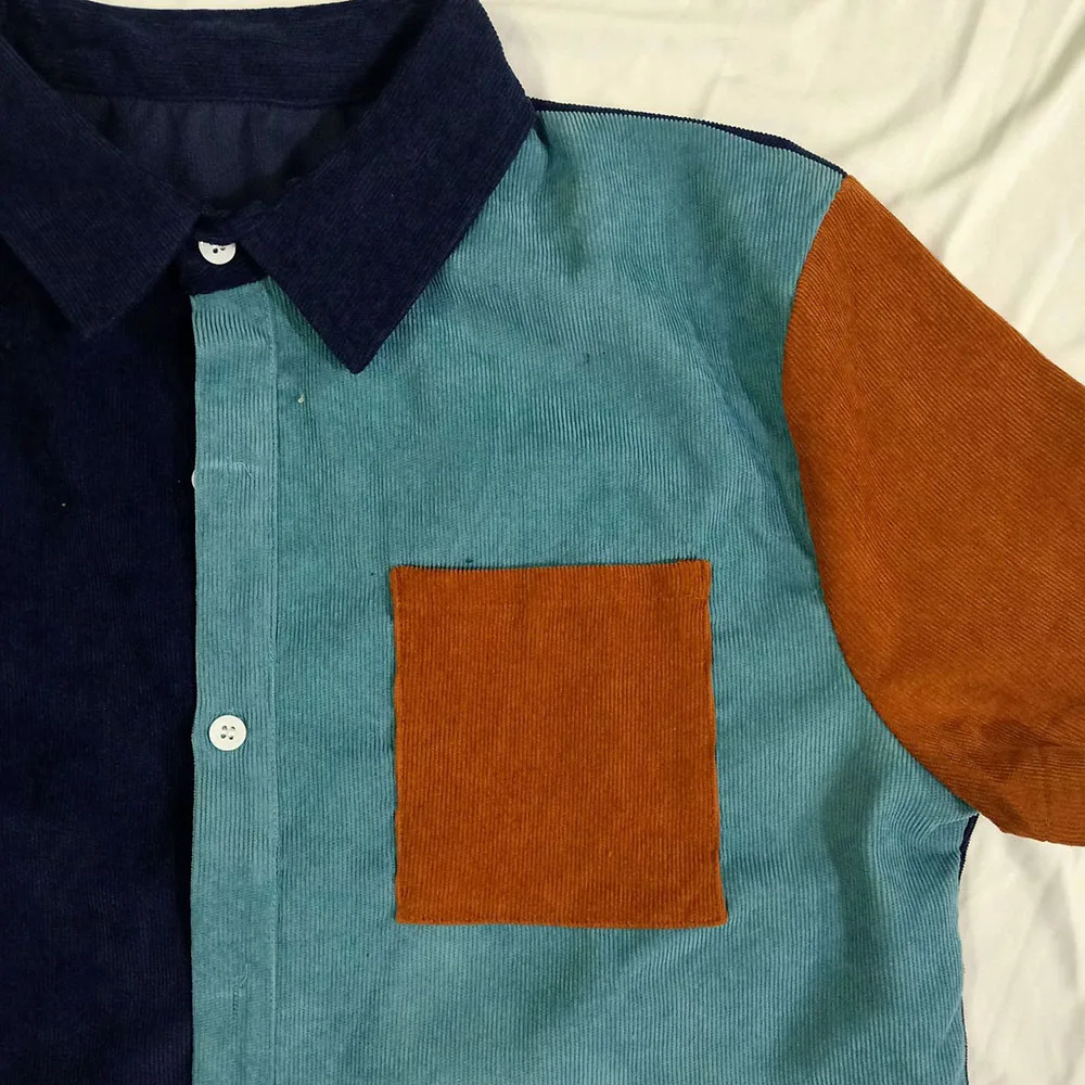 

Western Style Men Shirt Spring Autumn Fashion Temperament Loose Casual Contrast Splicing Pocket Lapel Summer Simple Hot Sale