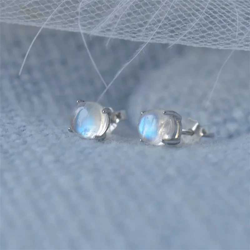 

925 стерлинговый серебряный с лунным камнем круглые серьги-гвоздики из бисера для женщин вечерние ювелирные изделия аксессуары eh1110