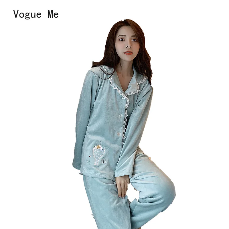 

New Winter Island Velvet Women's Nightwear Women's Long Sleeves Warm Flannel Home Wear Set Women Sleep Lounge