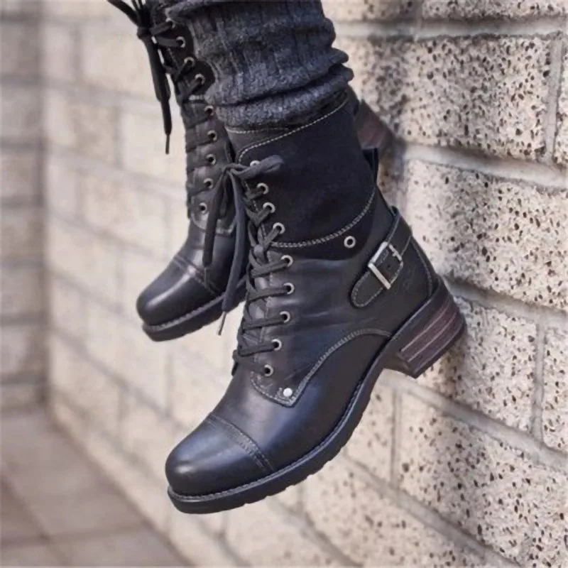 

Women's Thick Heel Short Ankle Boots 2021 Solid Color Buckle Casual Ankle Boots Winter Flat Bottom Lace-up Martin Women's Boots