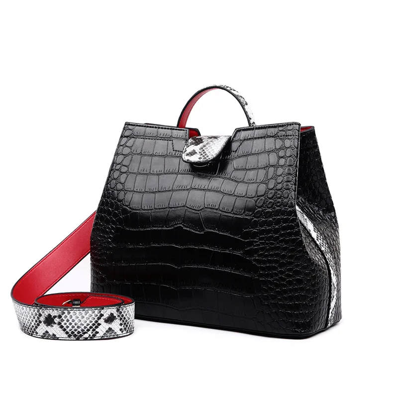 

Luxury Crocodile Handbags Women 2020 Snakeskin Wide Shoulder Strap Bucket Bag Designer Shoulder Bag Buckle High Capacity Totes
