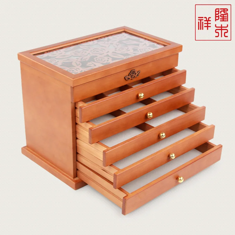 2021 New 6 Layers Solid Wood Jewelry Box European Multi-Layer Princess Jewelry Retro Earrings Necklace Bracelet Storage Box Wood