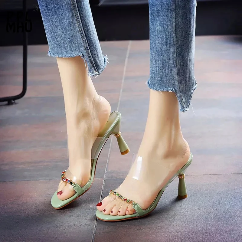 

PVC Green Rhinestone Slides Sweet Hollow Sexy High Heels Summer New Peep-Toe Women Slippers Designer Outside Comfor Sandals