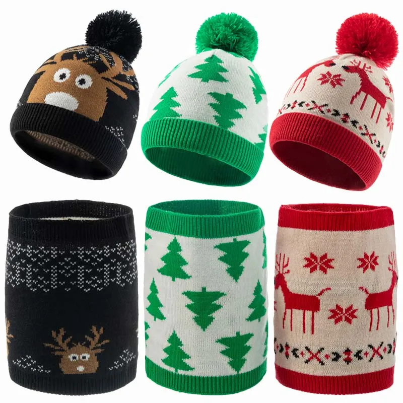 

Christmas Deer Knitted Baby Hat Circle Scarf Set Winter Warm Beanie Caps for Boys Girls Infant Toddler Bonnet Kids Accessories