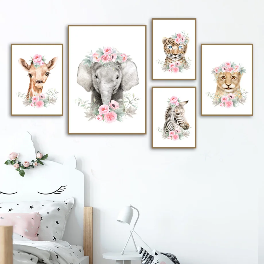 Слон Лев жираф тигр Леопардовый цветок настенная живопись на холсте