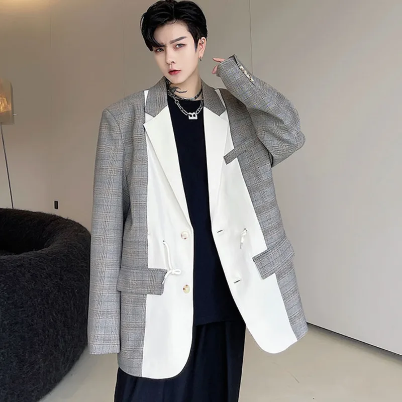 

Мужская одежда Tide Koean Повседневный клетчатый лоскутный костюм пальто для мужчин 2021 осень Новинка Свободные простые блейзеры с длинным рука...