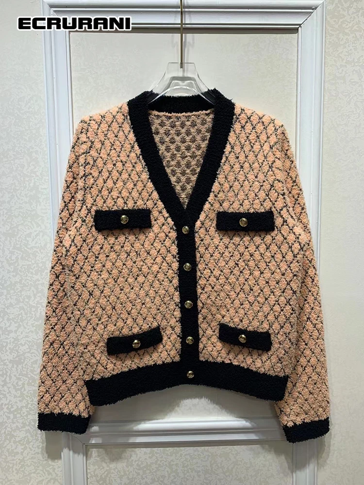 

Повседневный свободный лоскутный кардиган ECRURANI с цветными карманами, женский модный свитер с V-образным вырезом и длинным рукавом для женщи...